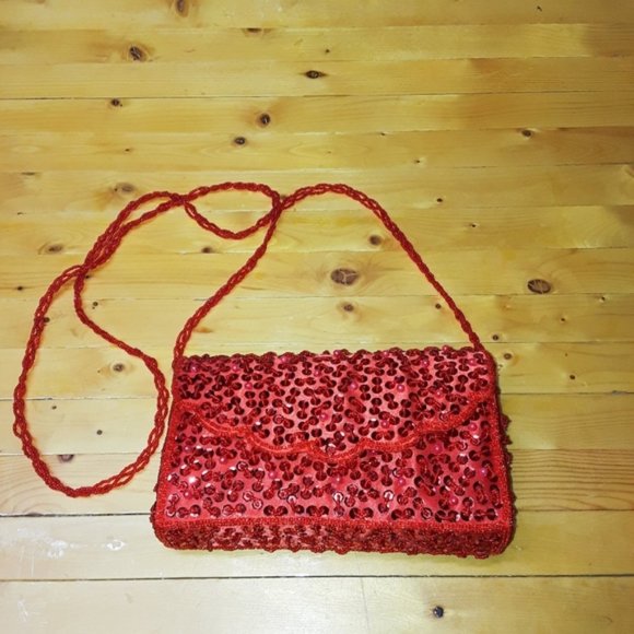 Handbags - Sequined & Beaded Red Satin Vintage Pearl Clutch